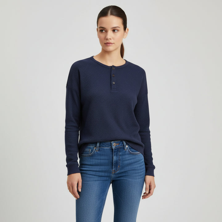 Waffle Long Sleeve T-Shirt Solid Color Round Neck Pullover Top-Bon Voyage Vintage