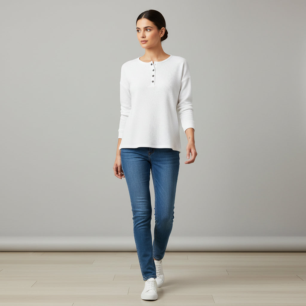 Waffle Long Sleeve T-Shirt Solid Color Round Neck Pullover Top-Bon Voyage Vintage