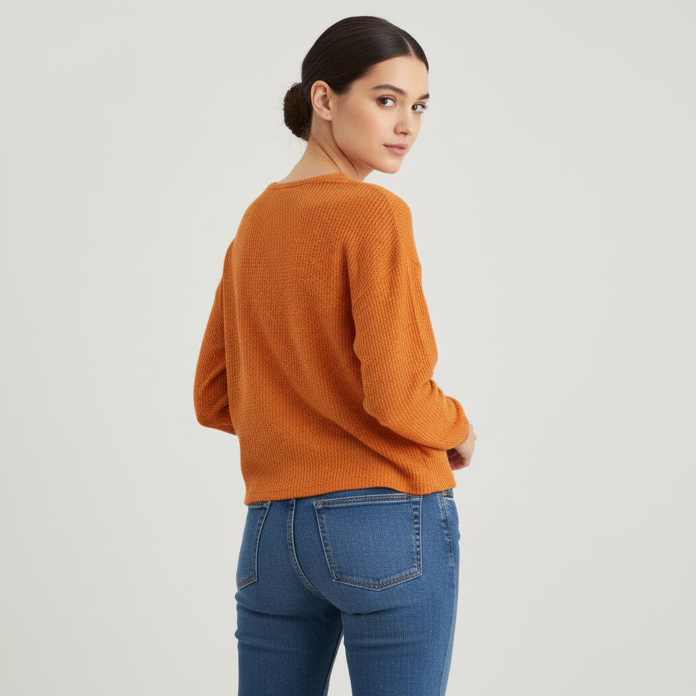 Waffle Long Sleeve T-Shirt Solid Color Round Neck Pullover Top-Bon Voyage Vintage