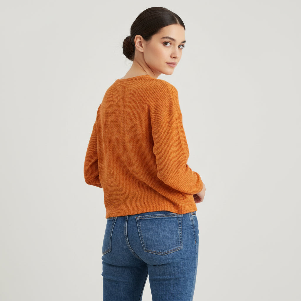 Waffle Long Sleeve T-Shirt Solid Color Round Neck Pullover Top-Bon Voyage Vintage