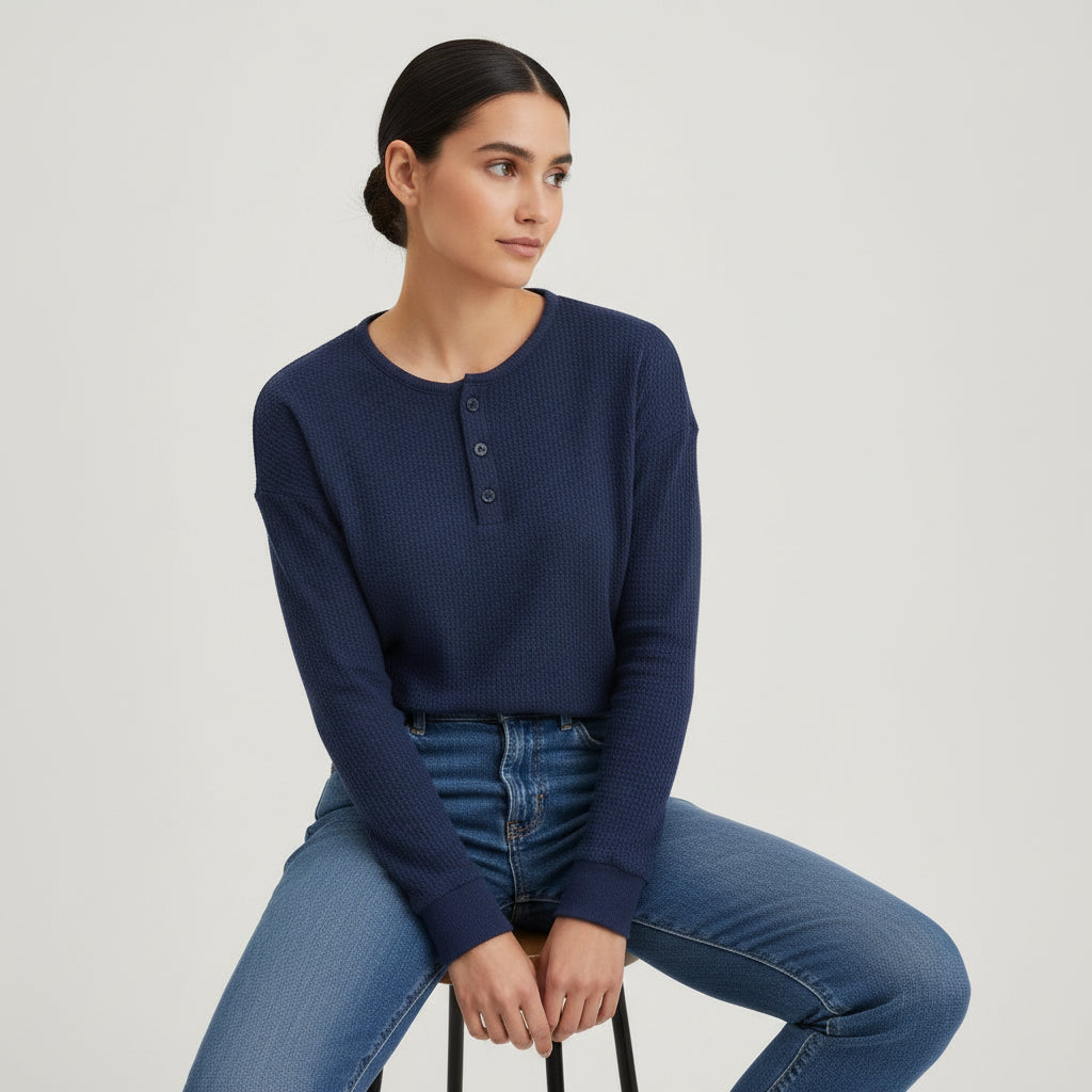 Waffle Long Sleeve T-Shirt Solid Color Round Neck Pullover Top-Bon Voyage Vintage