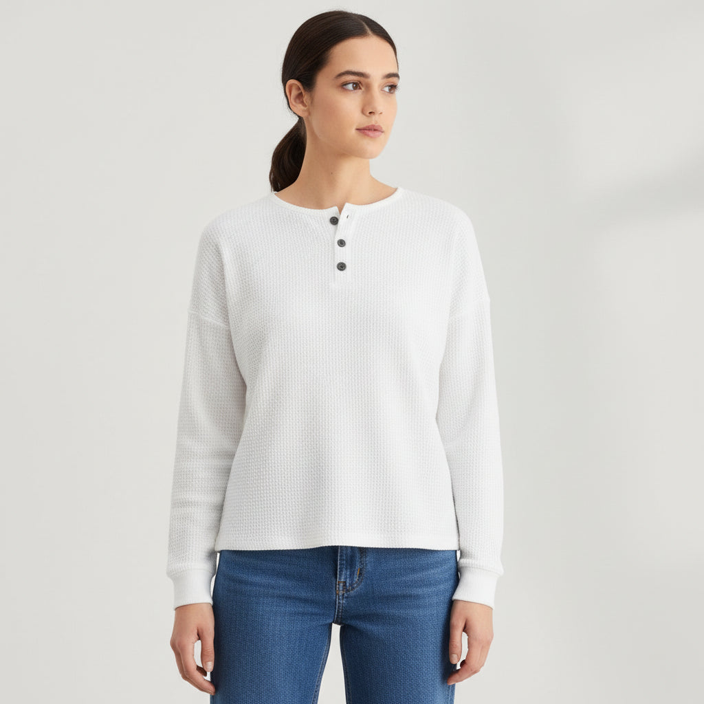 Waffle Long Sleeve T-Shirt Solid Color Round Neck Pullover Top-Bon Voyage Vintage