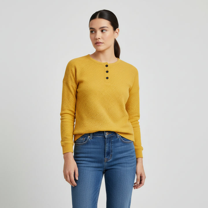 Waffle Long Sleeve T-Shirt Solid Color Round Neck Pullover Top-Bon Voyage Vintage