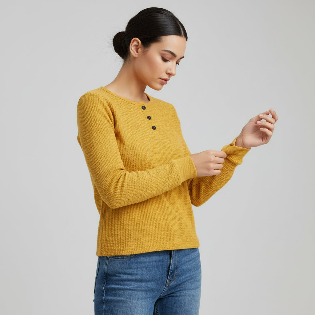 Waffle Long Sleeve T-Shirt Solid Color Round Neck Pullover Top-Bon Voyage Vintage