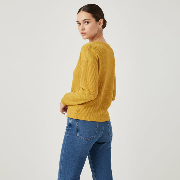 Waffle Long Sleeve T-Shirt Solid Color Round Neck Pullover Top-Bon Voyage Vintage