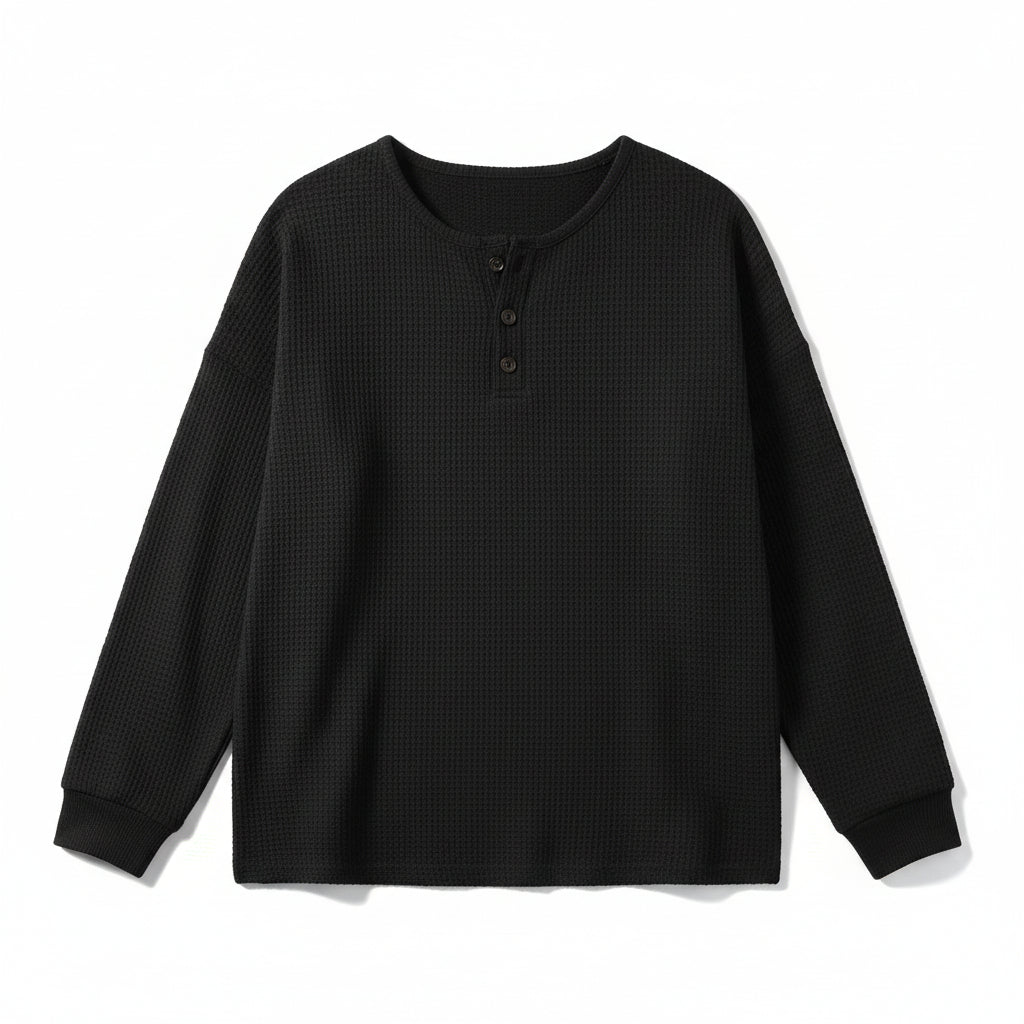 Waffle Long Sleeve T-Shirt Solid Color Round Neck Pullover Top-Bon Voyage Vintage