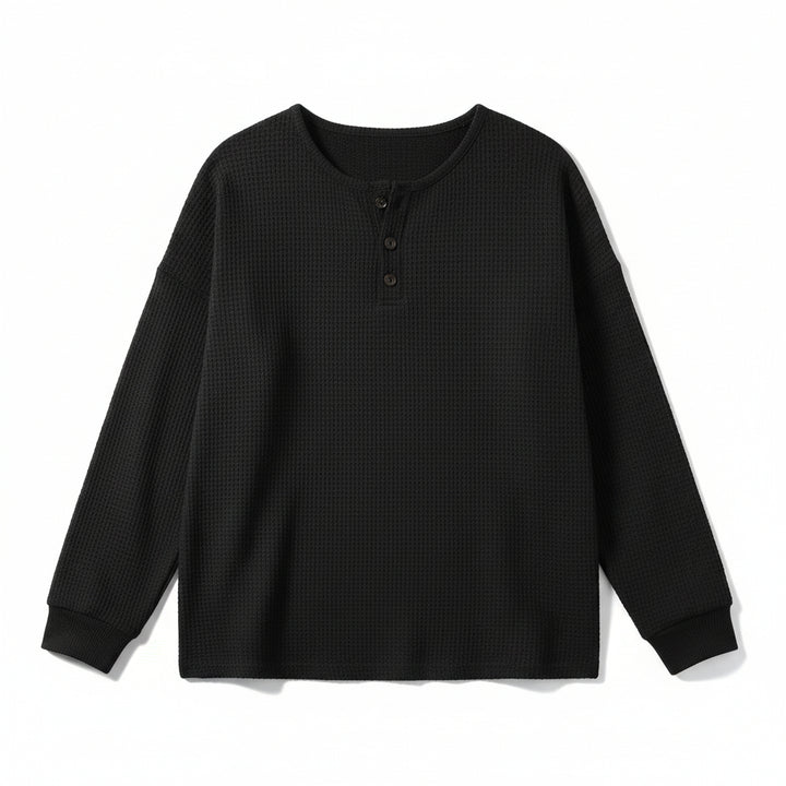 Waffle Long Sleeve T-Shirt Solid Color Round Neck Pullover Top-Bon Voyage Vintage