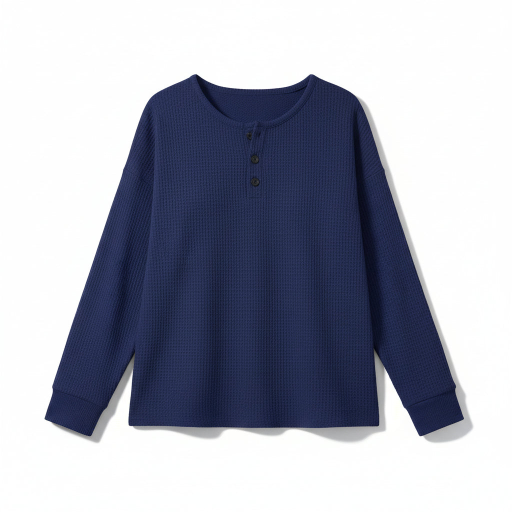 Waffle Long Sleeve T-Shirt Solid Color Round Neck Pullover Top-Bon Voyage Vintage