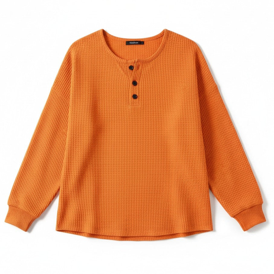 Waffle Long Sleeve T-Shirt Solid Color Round Neck Pullover Top-Bon Voyage Vintage