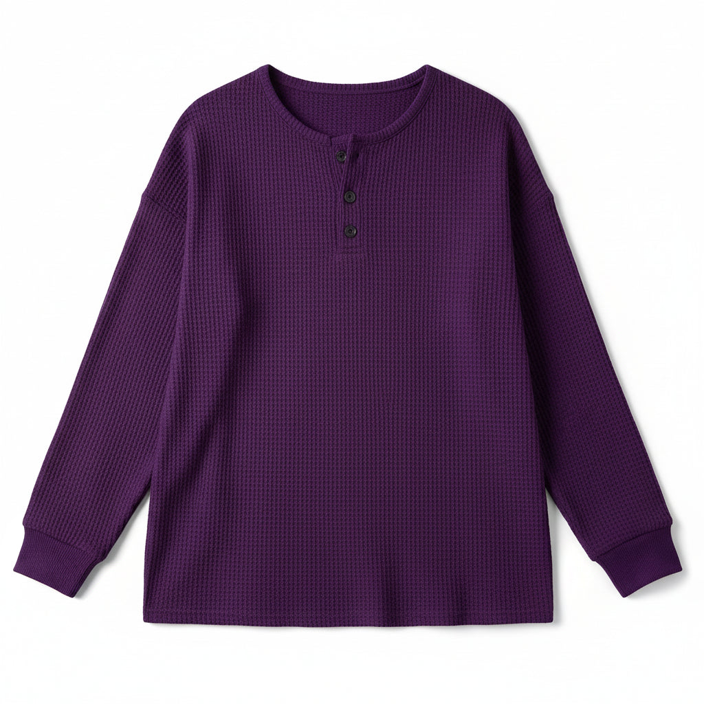 Waffle Long Sleeve T-Shirt Solid Color Round Neck Pullover Top-Bon Voyage Vintage