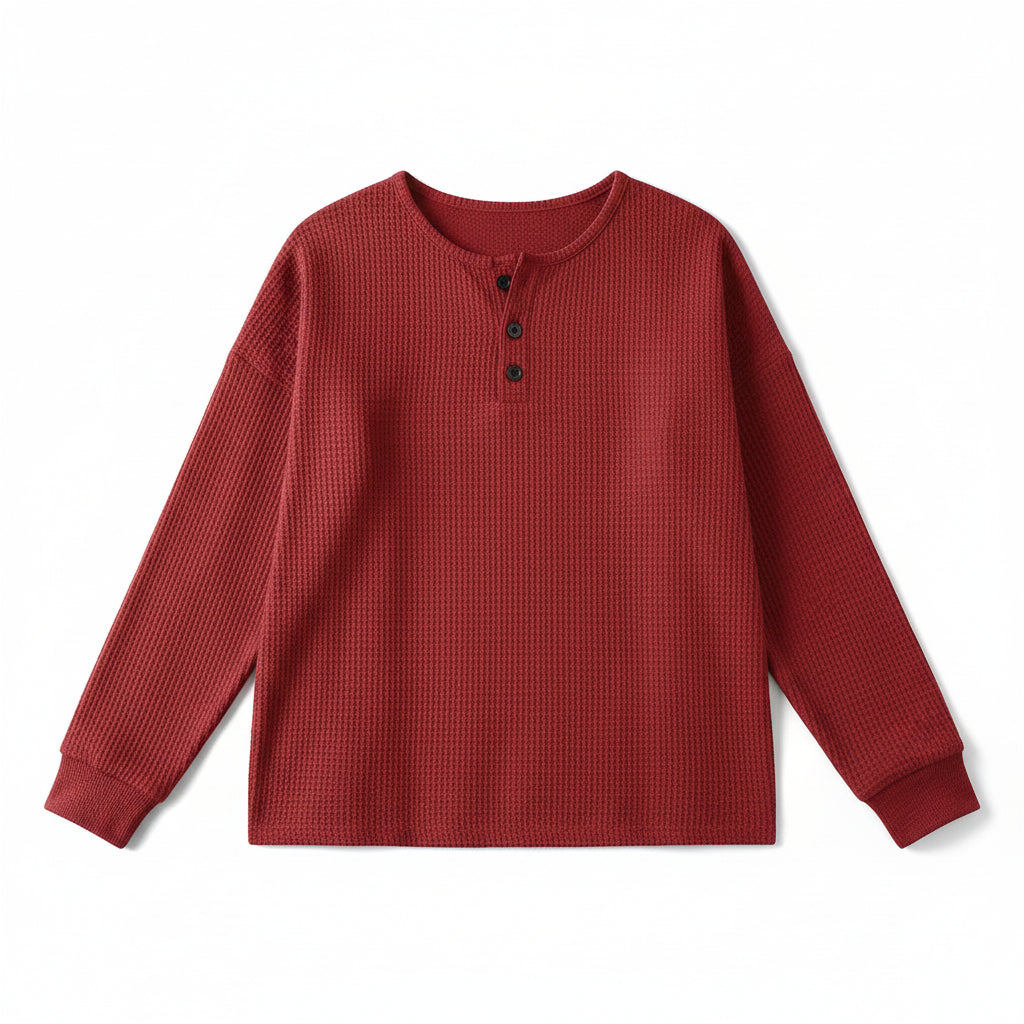 Waffle Long Sleeve T-Shirt Solid Color Round Neck Pullover Top-Bon Voyage Vintage