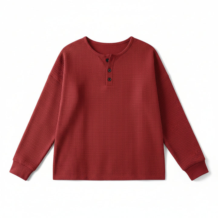 Waffle Long Sleeve T-Shirt Solid Color Round Neck Pullover Top-Bon Voyage Vintage