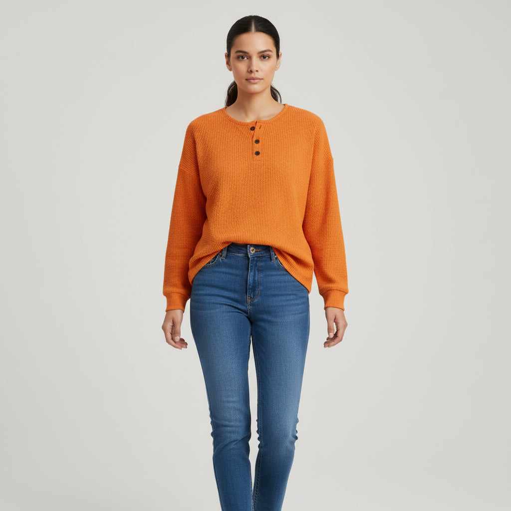 Waffle Long Sleeve T-Shirt Solid Color Round Neck Pullover Top-Bon Voyage Vintage
