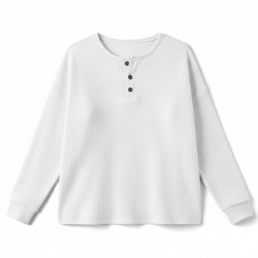 Waffle Long Sleeve T-Shirt Solid Color Round Neck Pullover Top-Bon Voyage Vintage