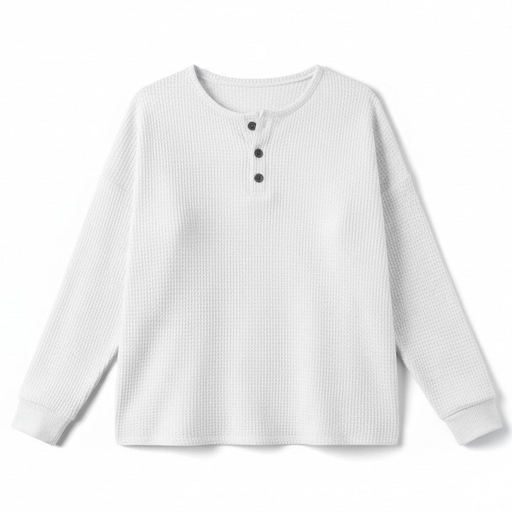 Waffle Long Sleeve T-Shirt Solid Color Round Neck Pullover Top-Bon Voyage Vintage