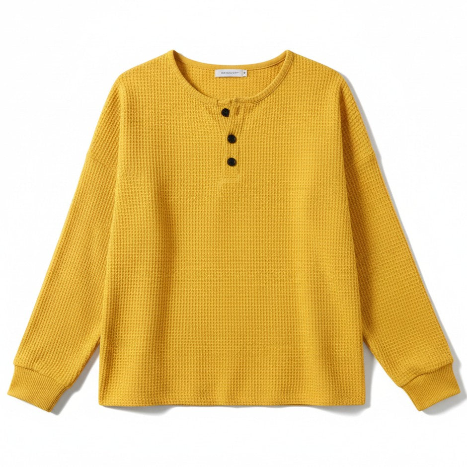 Waffle Long Sleeve T-Shirt Solid Color Round Neck Pullover Top-Bon Voyage Vintage