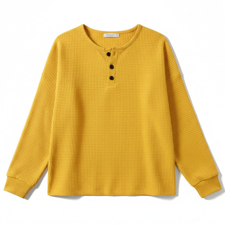 Waffle Long Sleeve T-Shirt Solid Color Round Neck Pullover Top-Bon Voyage Vintage