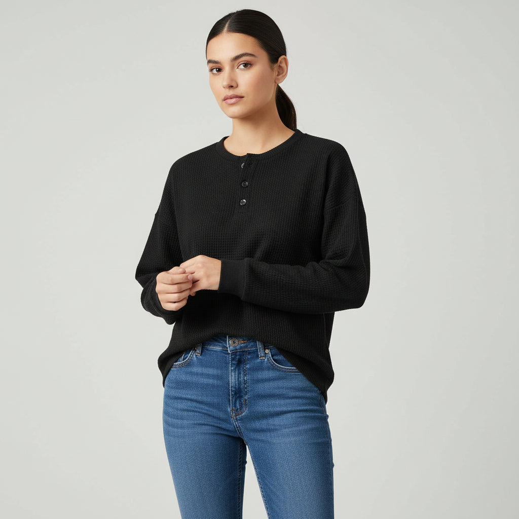 Waffle Long Sleeve T-Shirt Solid Color Round Neck Pullover Top-Bon Voyage Vintage
