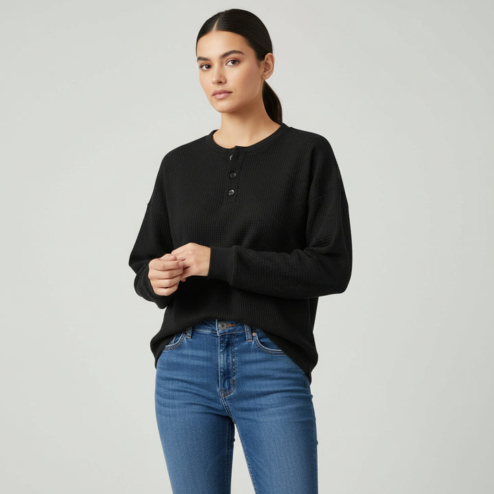 Waffle Long Sleeve T-Shirt Solid Color Round Neck Pullover Top-Bon Voyage Vintage