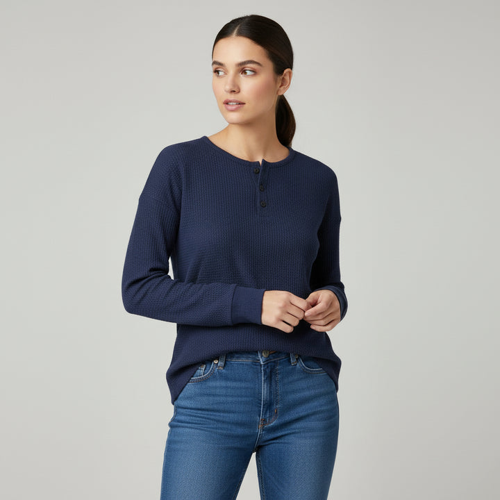 Waffle Long Sleeve T-Shirt Solid Color Round Neck Pullover Top-Bon Voyage Vintage