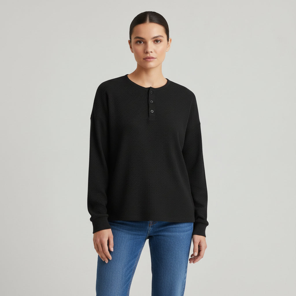 Waffle Long Sleeve T-Shirt Solid Color Round Neck Pullover Top-Bon Voyage Vintage