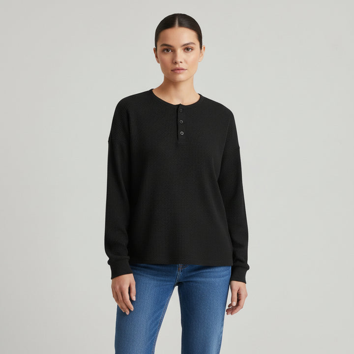 Waffle Long Sleeve T-Shirt Solid Color Round Neck Pullover Top-Bon Voyage Vintage