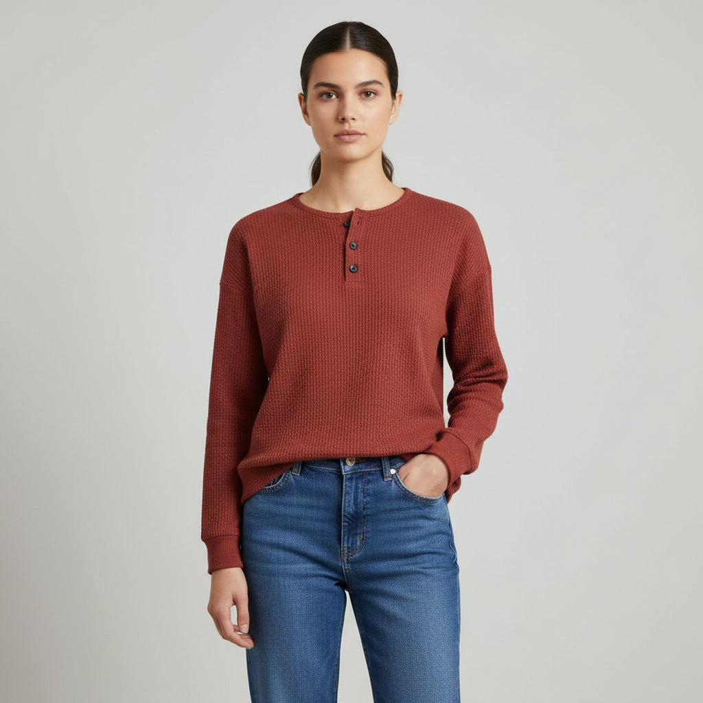 Waffle Long Sleeve T-Shirt Solid Color Round Neck Pullover Top-Bon Voyage Vintage