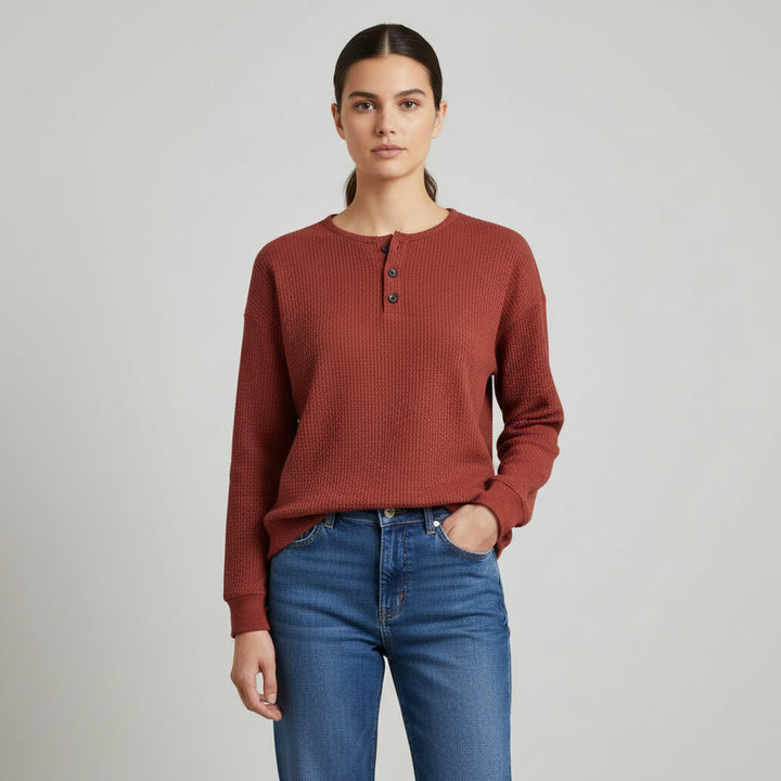 Waffle Long Sleeve T-Shirt Solid Color Round Neck Pullover Top-Bon Voyage Vintage