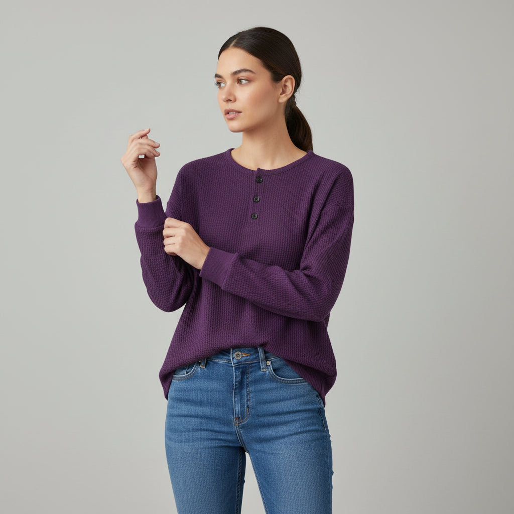 Waffle Long Sleeve T-Shirt Solid Color Round Neck Pullover Top-Bon Voyage Vintage