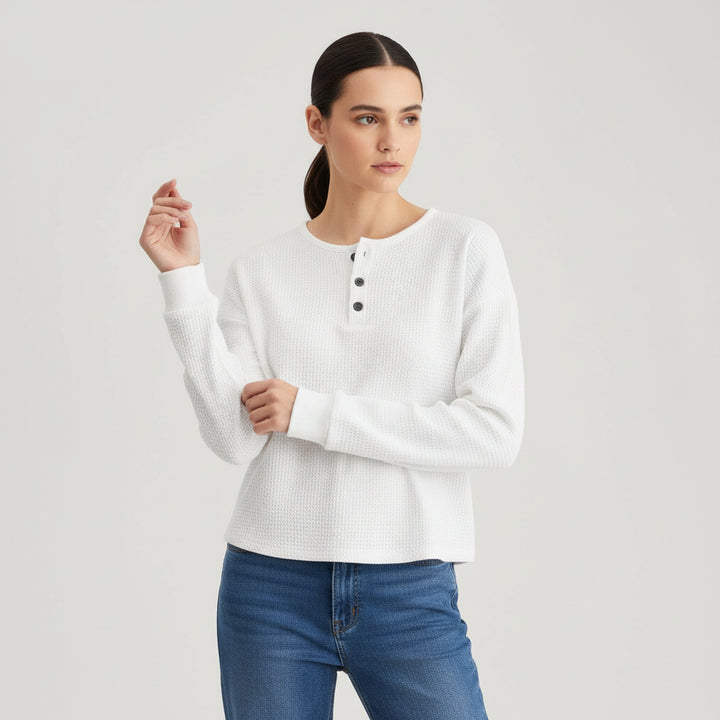 Waffle Long Sleeve T-Shirt Solid Color Round Neck Pullover Top-Bon Voyage Vintage