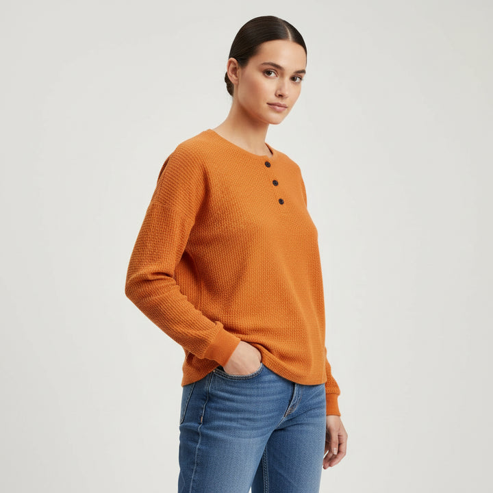 Waffle Long Sleeve T-Shirt Solid Color Round Neck Pullover Top-Bon Voyage Vintage