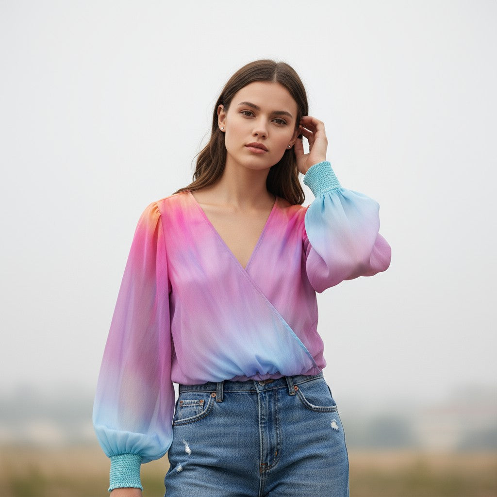 Women's 2025 Gradient V-Neck Blouse-Bon Voyage Vintage
