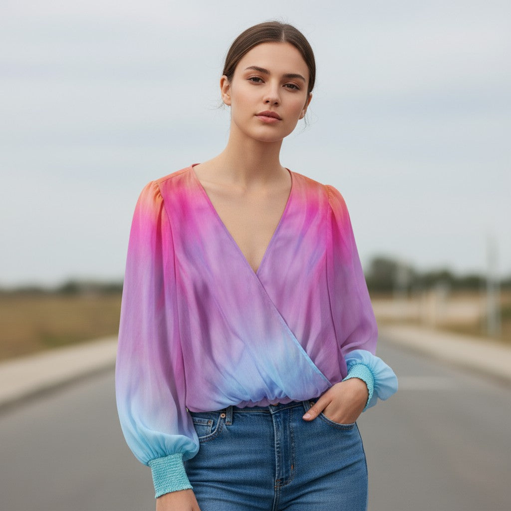 Women's 2025 Gradient V-Neck Blouse-Bon Voyage Vintage