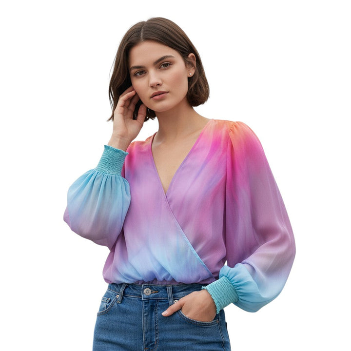 Women's 2025 Gradient V-Neck Blouse-Bon Voyage Vintage