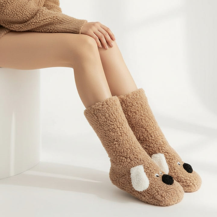 Women’s Cartoon Dog Plush Floor Socks Non-Slip Warm Winter Lounge Socks-Bon Voyage Vintage