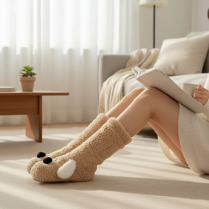 Women’s Cartoon Dog Plush Floor Socks Non-Slip Warm Winter Lounge Socks-Bon Voyage Vintage