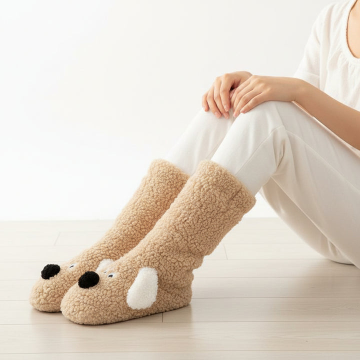 Women’s Cartoon Dog Plush Floor Socks Non-Slip Warm Winter Lounge Socks-Bon Voyage Vintage