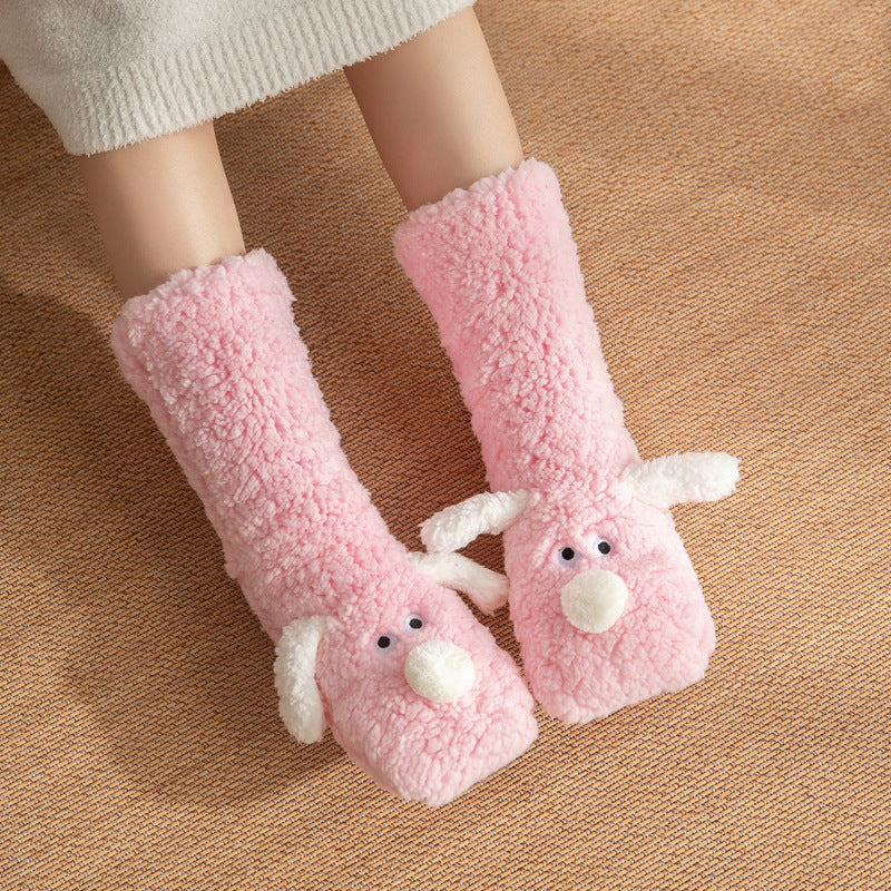 Women’s Cartoon Dog Plush Floor Socks Non-Slip Warm Winter Lounge Socks-Bon Voyage Vintage