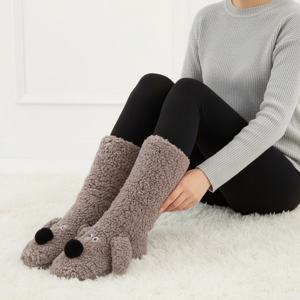 Women’s Cartoon Dog Plush Floor Socks Non-Slip Warm Winter Lounge Socks-Bon Voyage Vintage