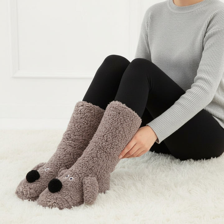 Women’s Cartoon Dog Plush Floor Socks Non-Slip Warm Winter Lounge Socks-Bon Voyage Vintage