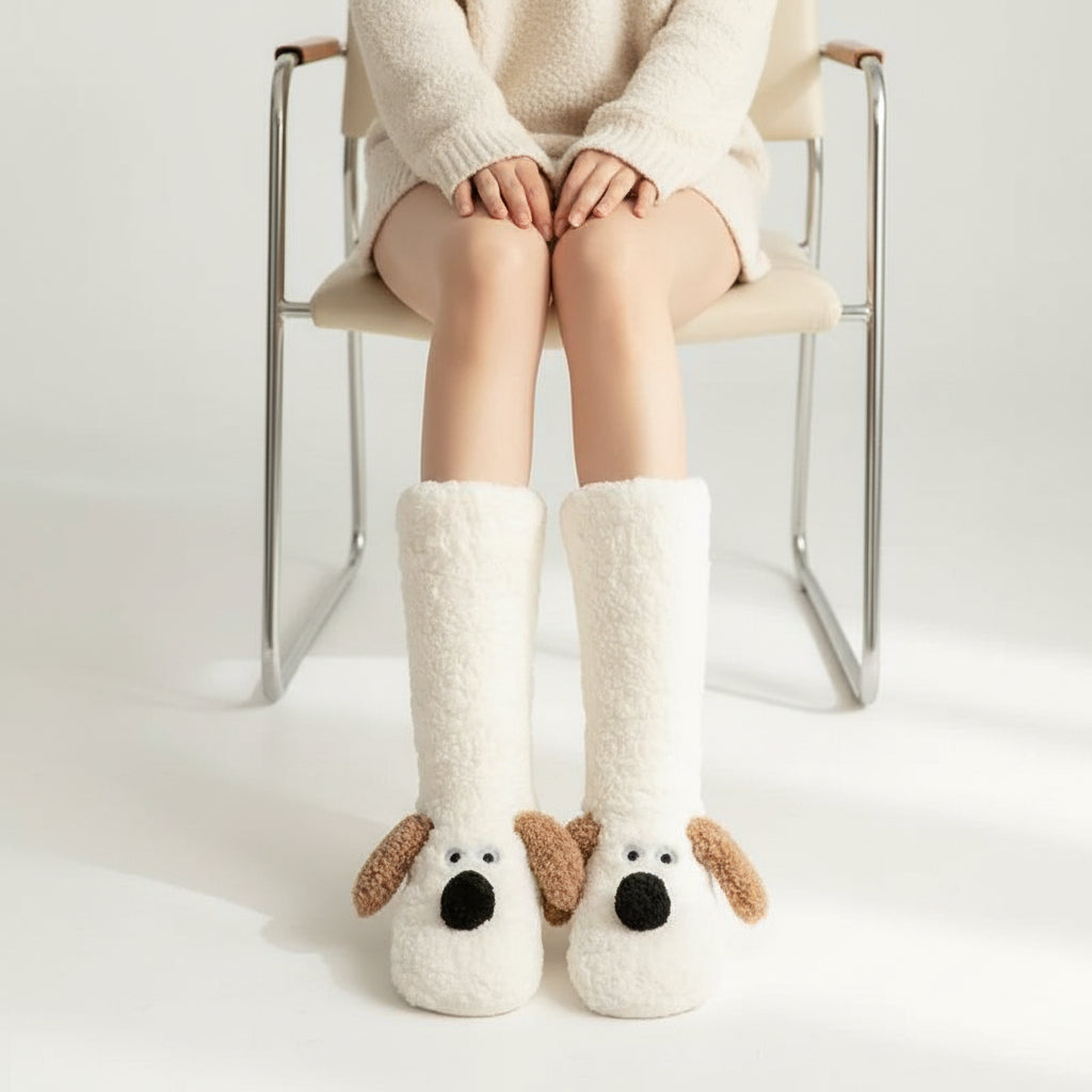 Women’s Cartoon Dog Plush Floor Socks Non-Slip Warm Winter Lounge Socks-Bon Voyage Vintage