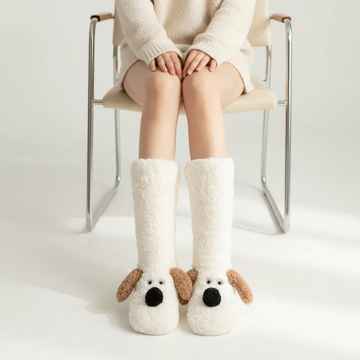 Women’s Cartoon Dog Plush Floor Socks Non-Slip Warm Winter Lounge Socks-Bon Voyage Vintage