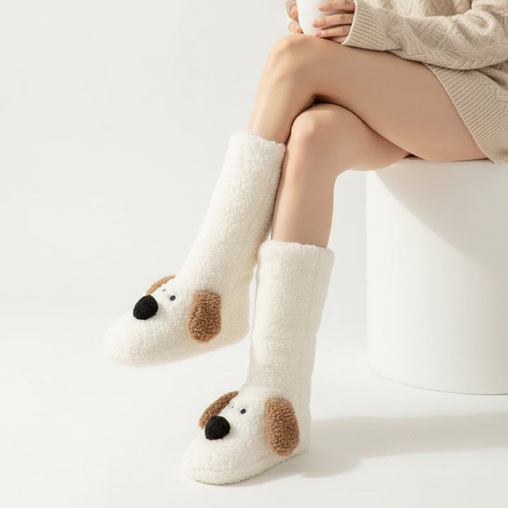 Women’s Cartoon Dog Plush Floor Socks Non-Slip Warm Winter Lounge Socks-Bon Voyage Vintage
