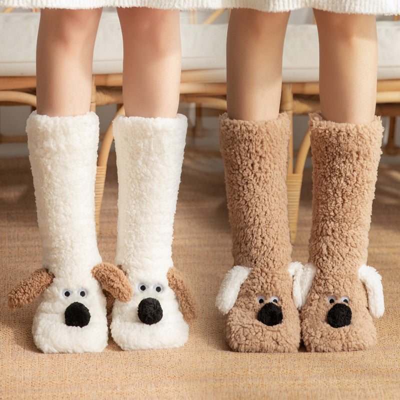 Women’s Cartoon Dog Plush Floor Socks Non-Slip Warm Winter Lounge Socks-Bon Voyage Vintage