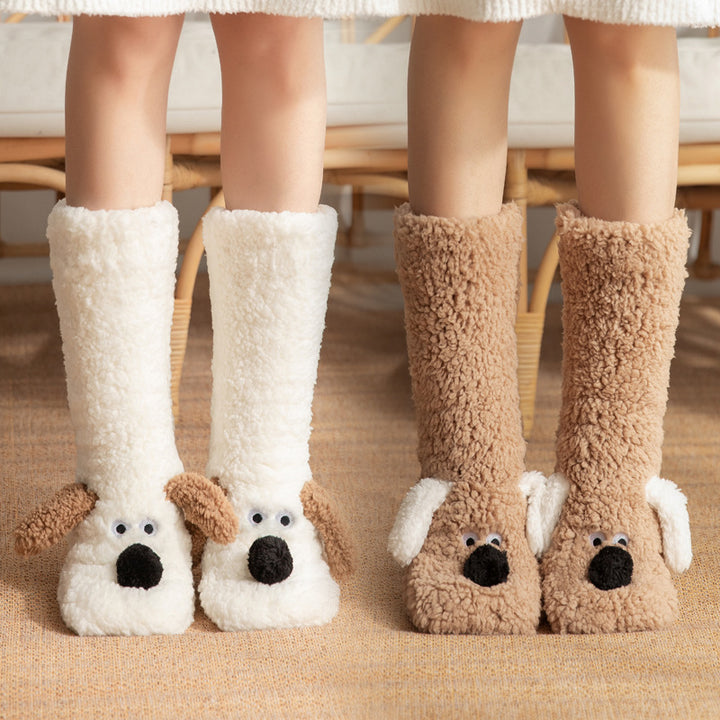 Women’s Cartoon Dog Plush Floor Socks Non-Slip Warm Winter Lounge Socks-Bon Voyage Vintage