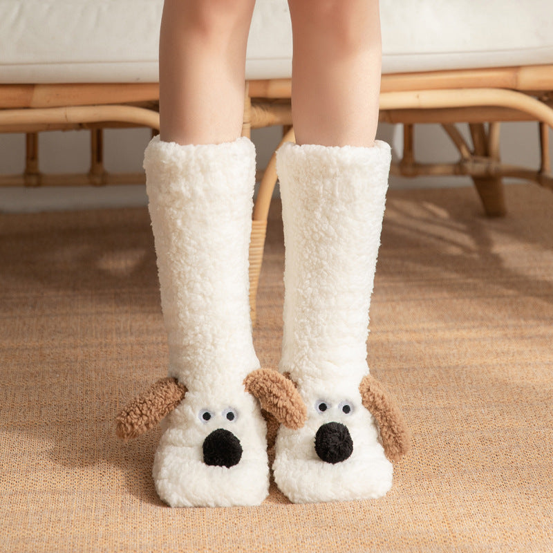 Women’s Cartoon Dog Plush Floor Socks Non-Slip Warm Winter Lounge Socks-Bon Voyage Vintage