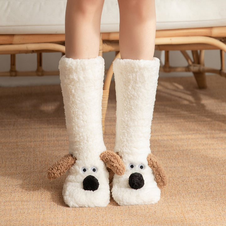 Women’s Cartoon Dog Plush Floor Socks Non-Slip Warm Winter Lounge Socks-Bon Voyage Vintage