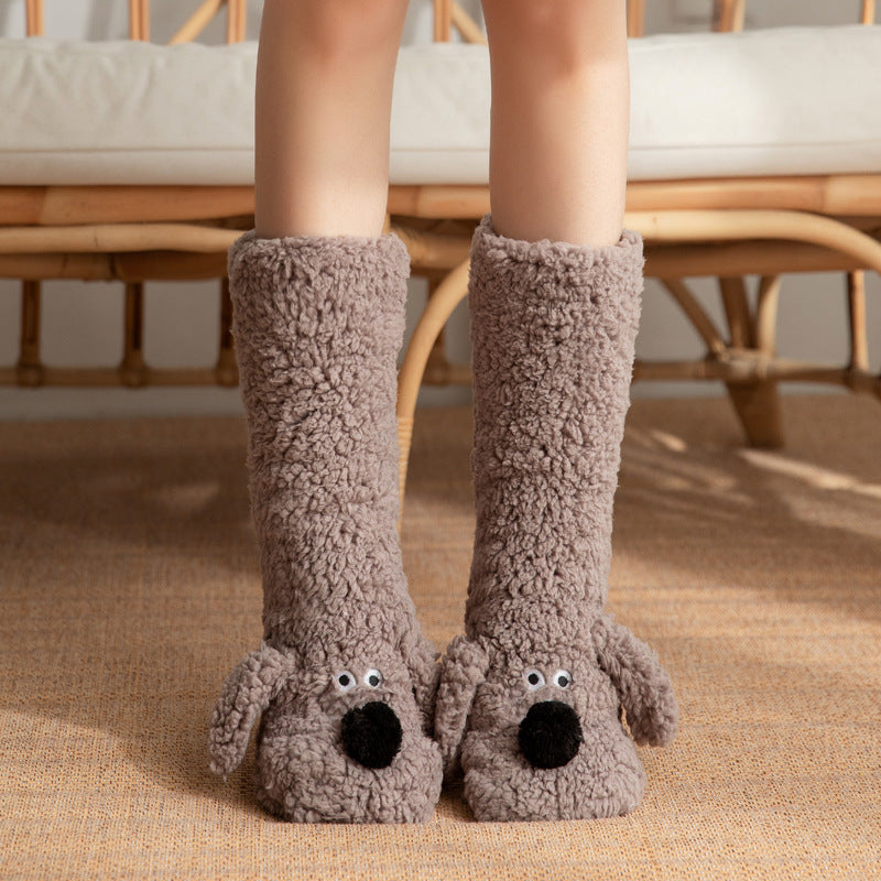 Women’s Cartoon Dog Plush Floor Socks Non-Slip Warm Winter Lounge Socks-Bon Voyage Vintage