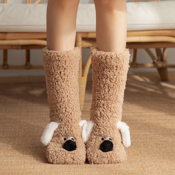 Women’s Cartoon Dog Plush Floor Socks Non-Slip Warm Winter Lounge Socks-Bon Voyage Vintage