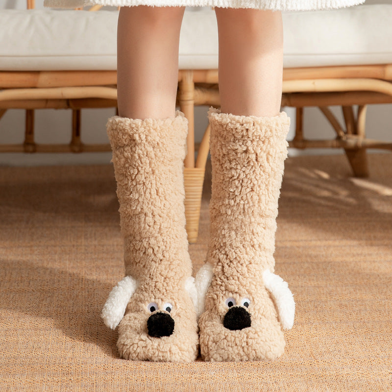 Women’s Cartoon Dog Plush Floor Socks Non-Slip Warm Winter Lounge Socks-Bon Voyage Vintage